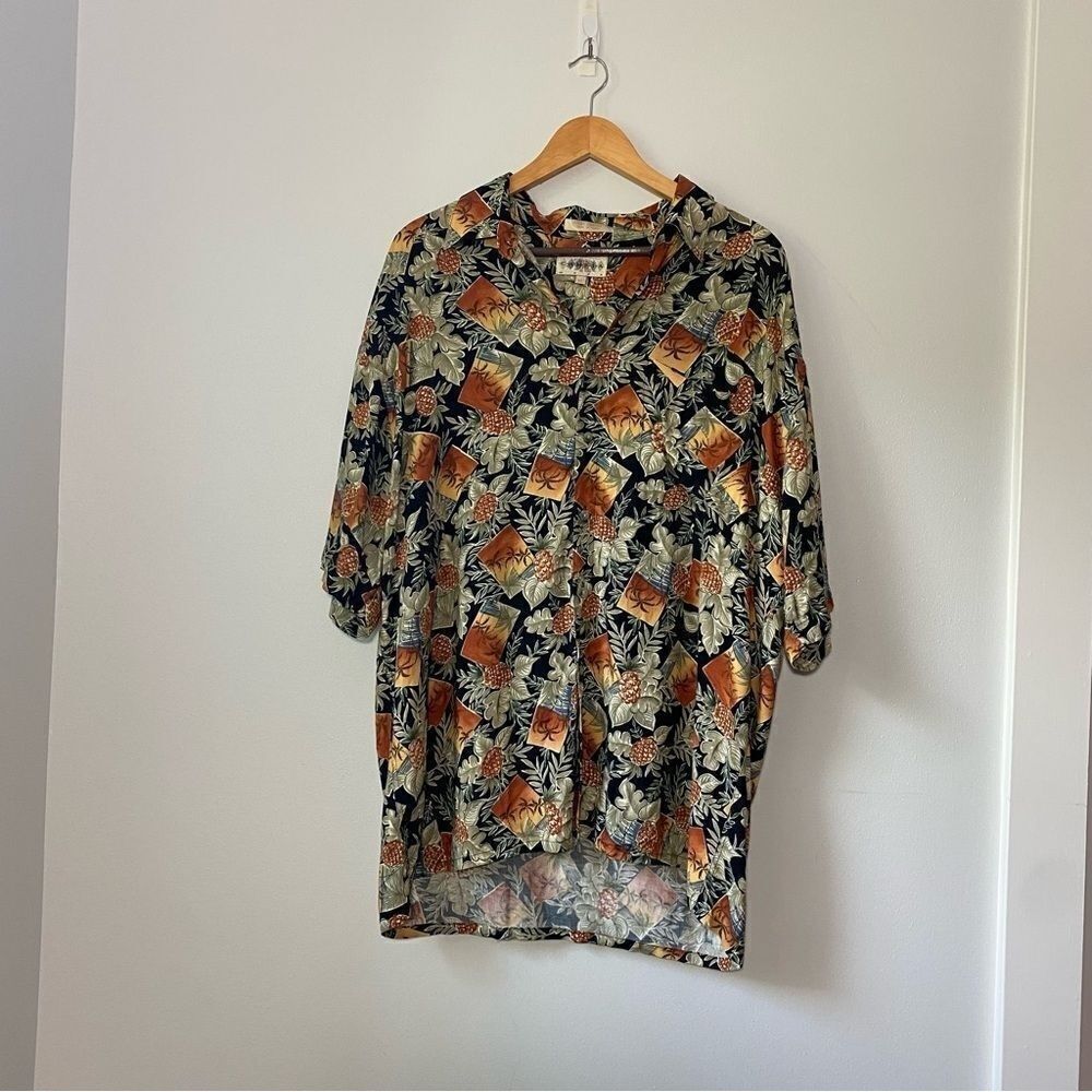 Campia Moda Tropical Hawaiian Palm Tree Pineapple Button Down Shirt XL